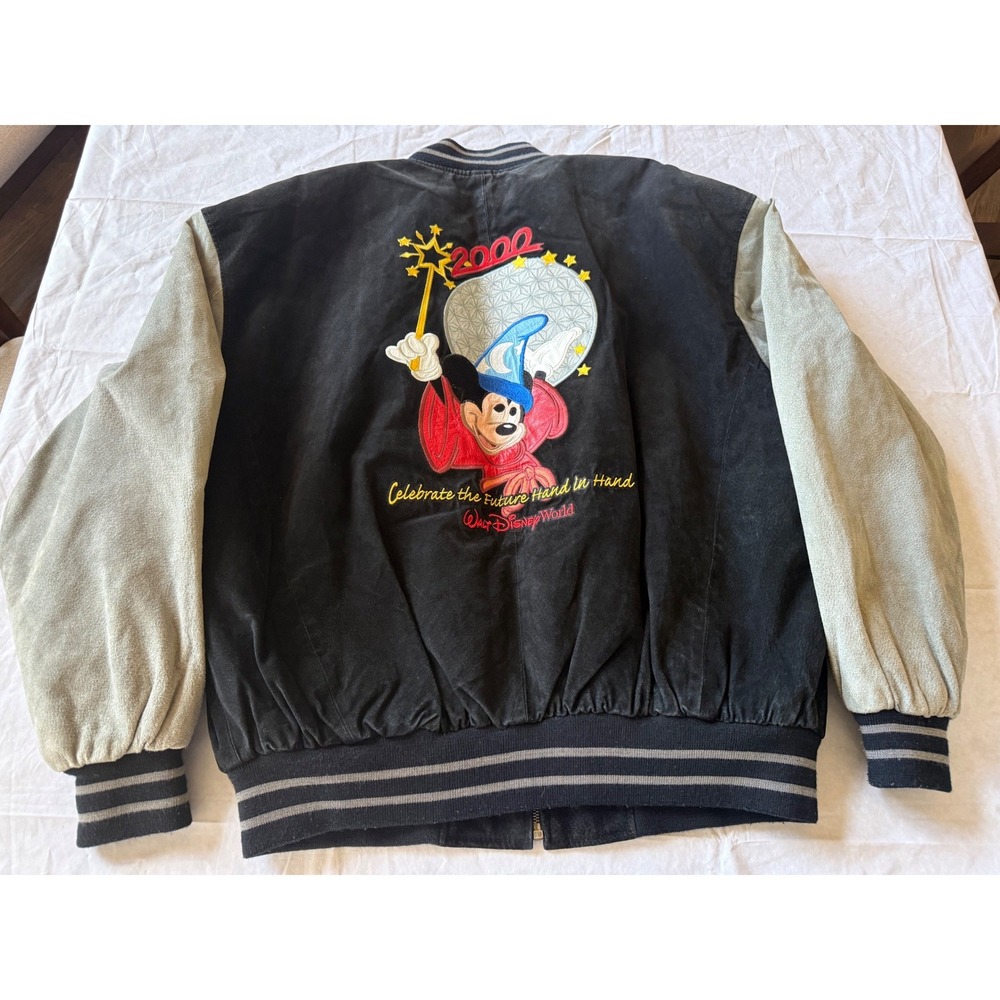 Walt Disney World Mens Suede Varsity Jacket XL Black Vtg Mickey Mouse Millennium - Picture 2 of 11
